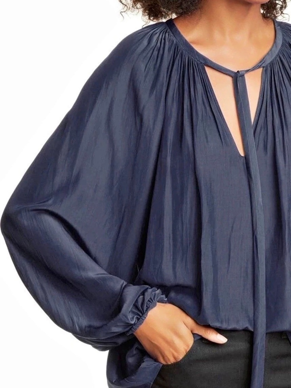 Ramy Brook Paris Poet Blouse Navy Blue Pleated Peasant Top Size L EUC